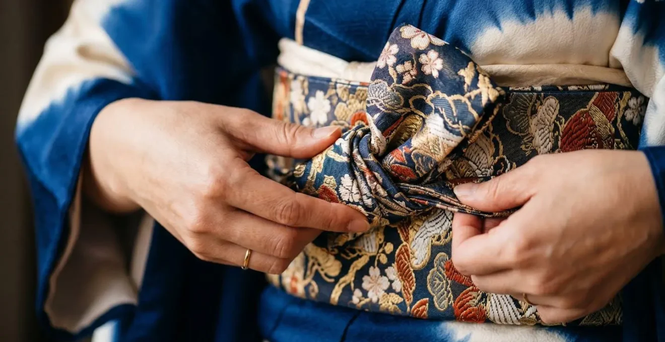 Détail rapproché d'une ceinture obi de kimono nouée avec précision montrant la texture de la soie