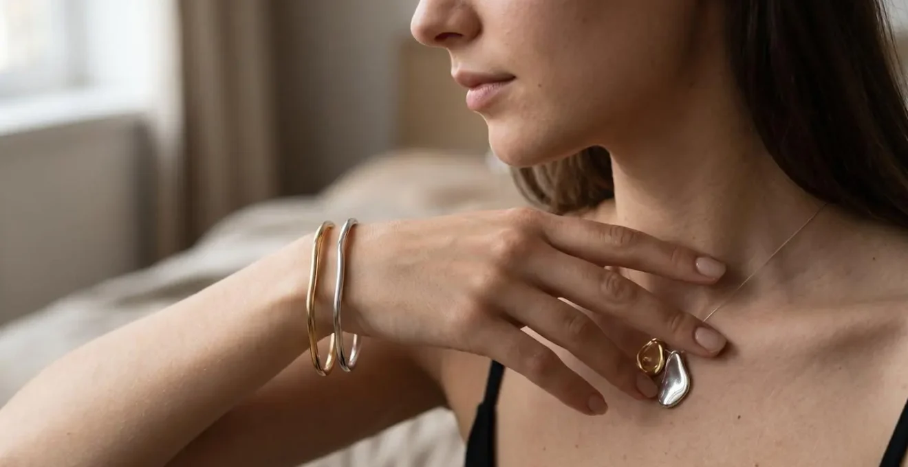 Comparaison visuelle subtile entre détails de bijoux or et argent sur la peau pour identifier les sous-tons