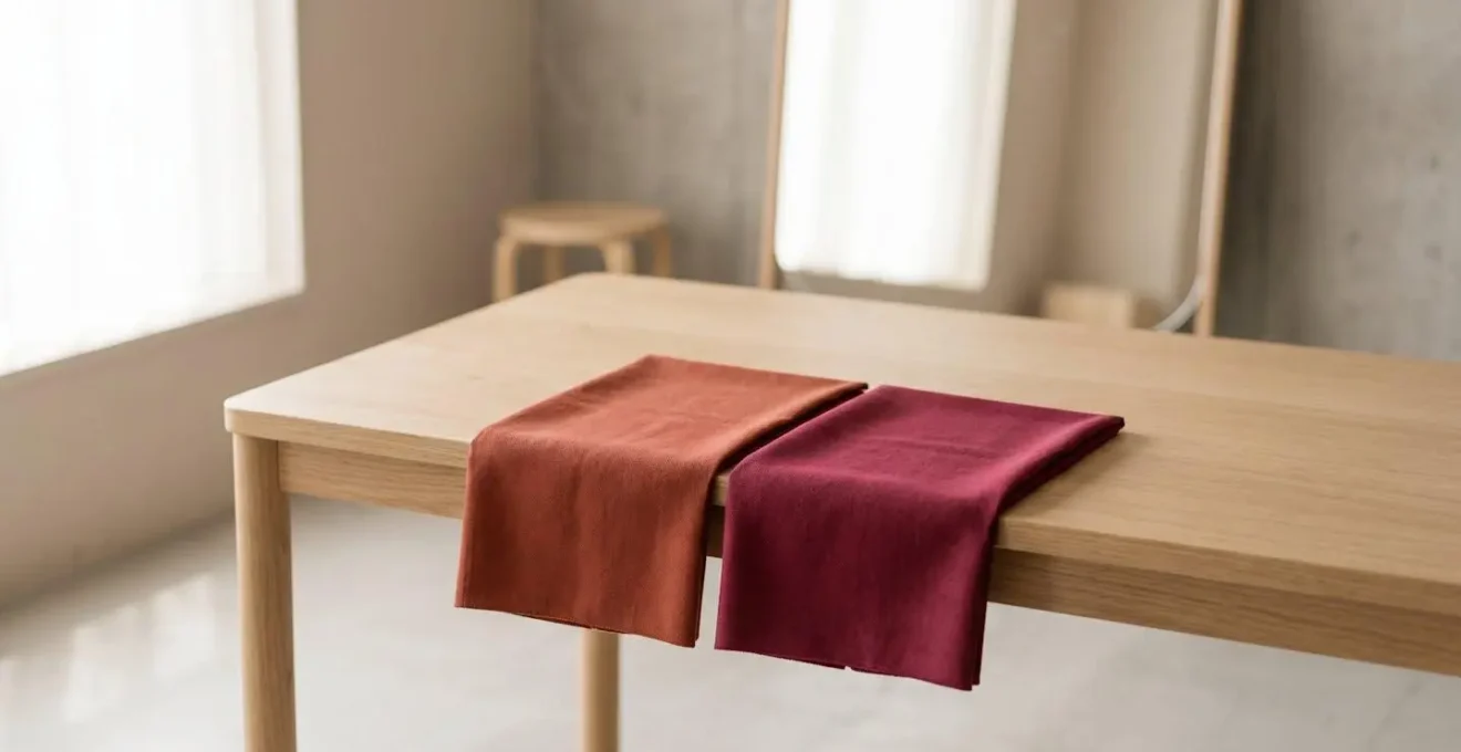 Scène évocatrice du test intuitif de colorimétrie avec des tissus rouges près du visage