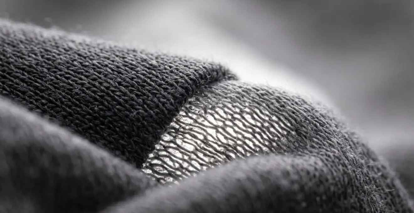 Exploration tactile de différents tissus techniques superposés révélant les variations de densité et d'opacité sous différents angles de lumière